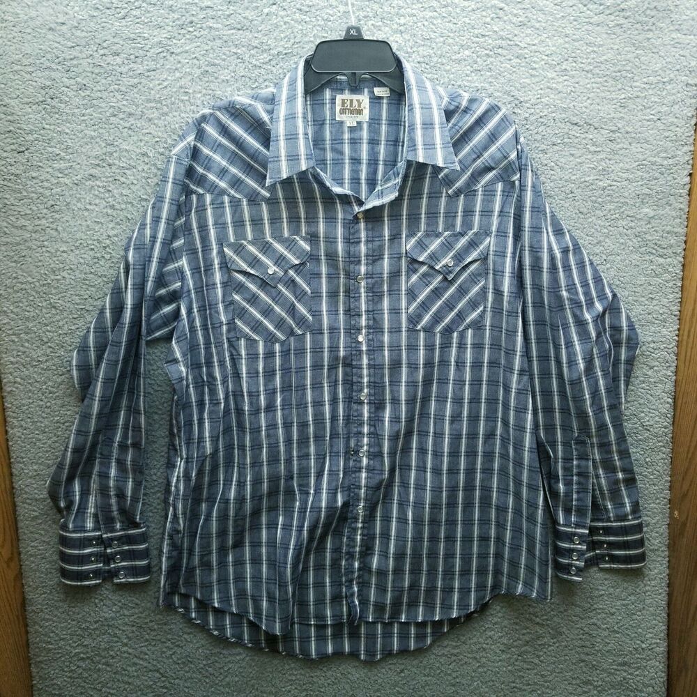 ELY Cattleman XL Pearl Snap Check Blue Button-Down Shirt 54.75" 31.25" 25"